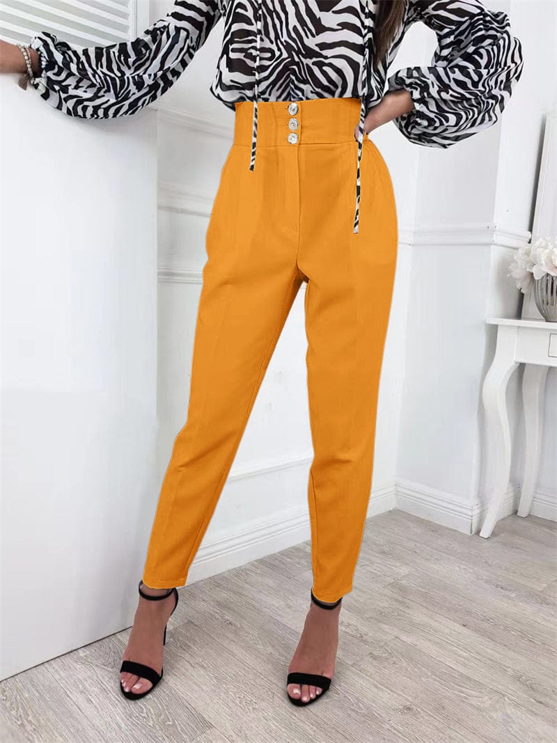 L / Yellow white women high waist straight cut leg palazzo office wear pants women high waist trousers for women lady office high waist