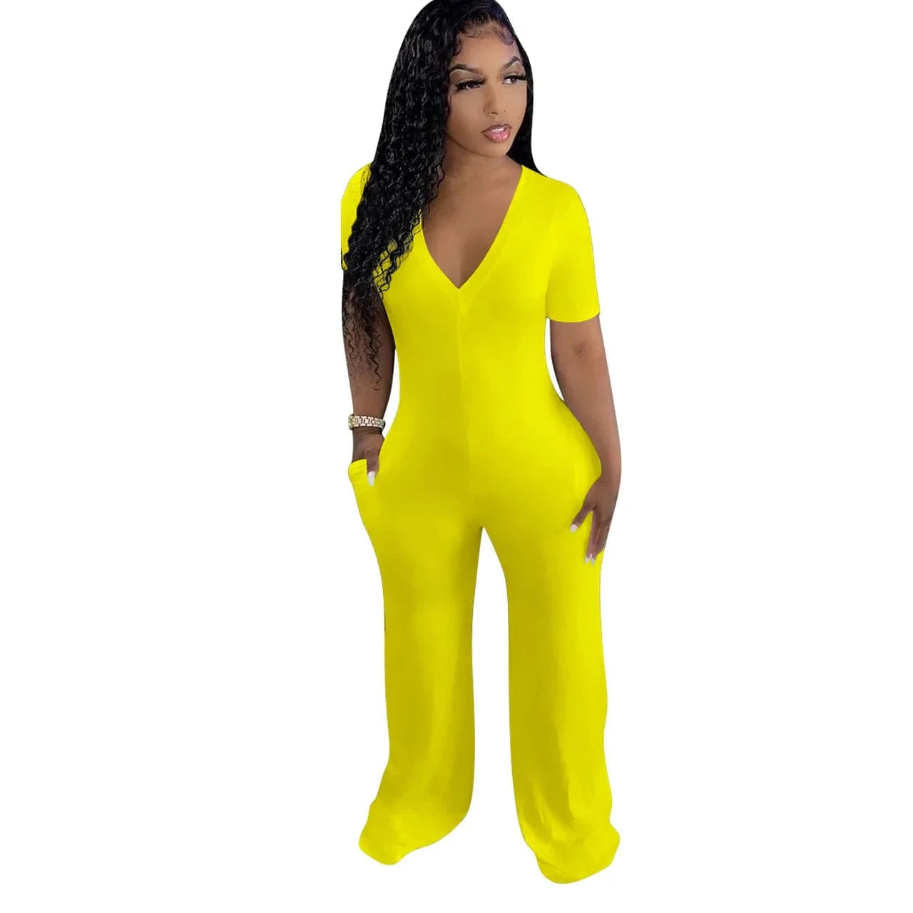 L / Yellow Womens Clothing V-neck Rompers Women Solid Rompers Casual  Clothing One Piece Jumpsuit Mujer with Pockets