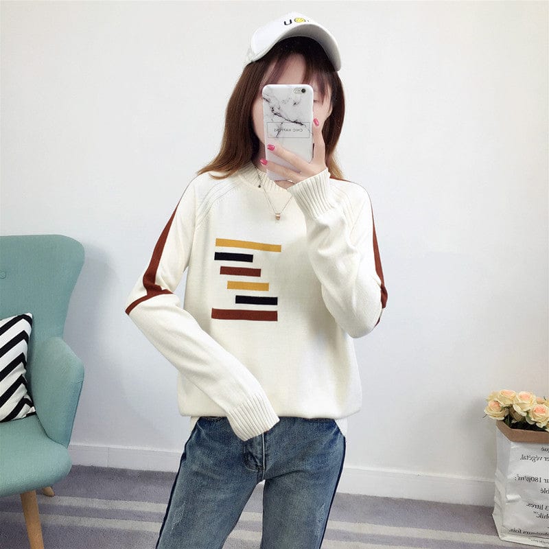 L / YN01 2022 NEW ARRIVAL Korean Style Crew Neck Patchwork Print Stripe Woman Sweater