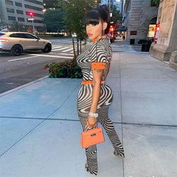 L / Zebra Women Stripe Casual Tracksuit 2 Pieces Sports see through Outfit Summer Short Sleeve Shirt Top Bodycon 2 pcs long Pants Set