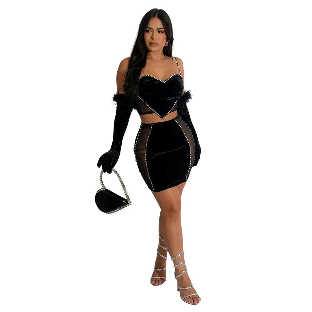L2222 Hot Diamond Straps Cropped Top A-line Short Skirt with Gloves