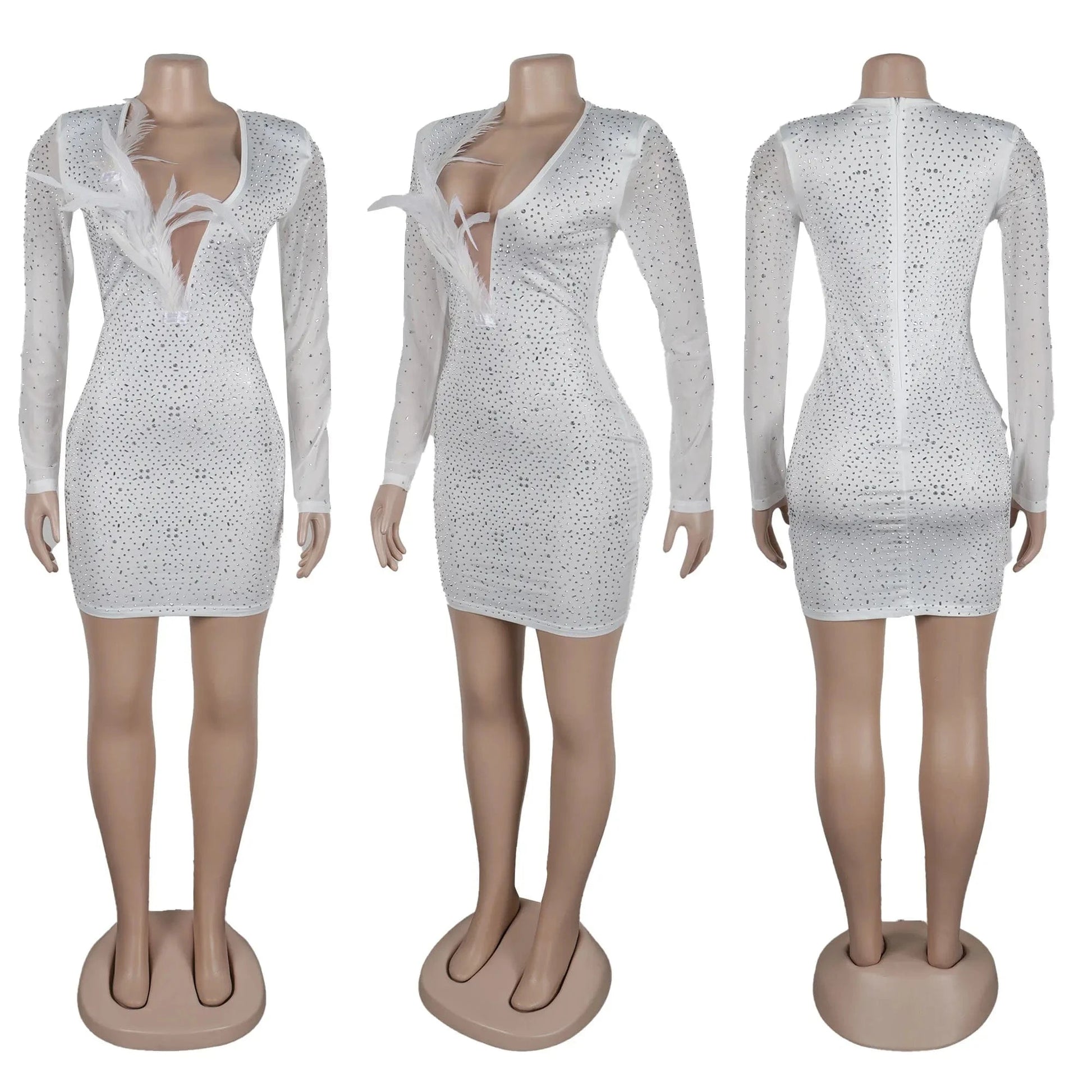 L28170 African Dresses 2024 Spring Hot Diamond See-through Mesh V-Neck Feather Club Dress