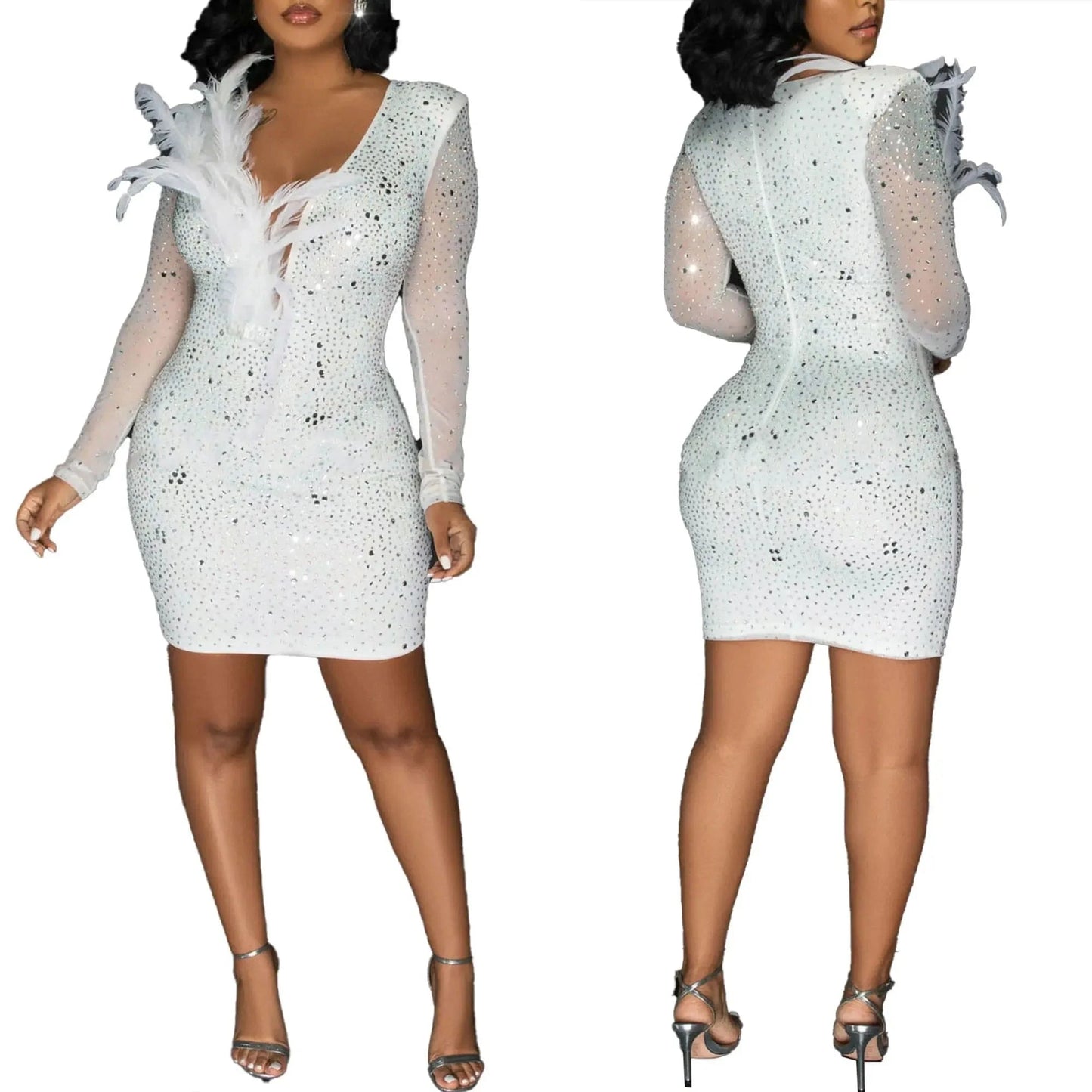 L28170 African Dresses 2024 Spring Hot Diamond See-through Mesh V-Neck Feather Club Dress