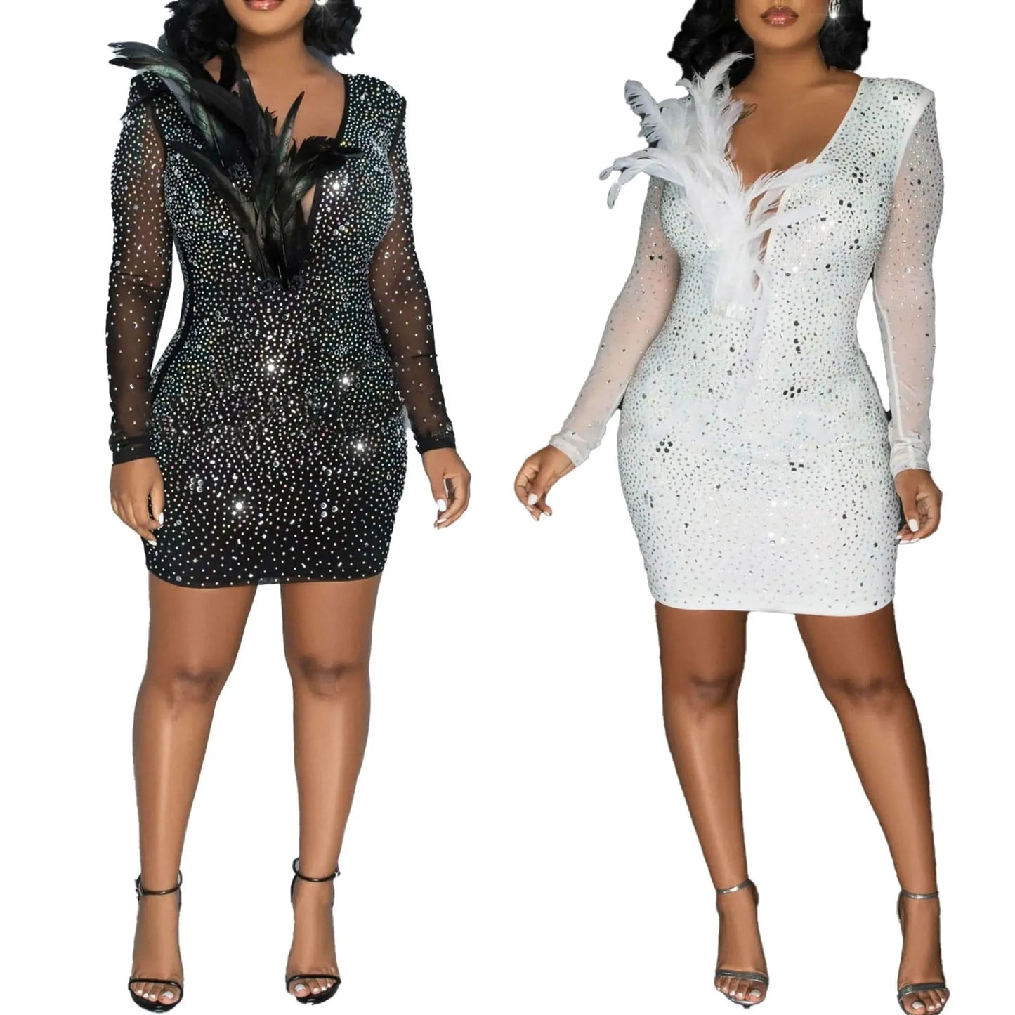 L28170 African Dresses 2024 Spring Hot Diamond See-through Mesh V-Neck Feather Club Dress