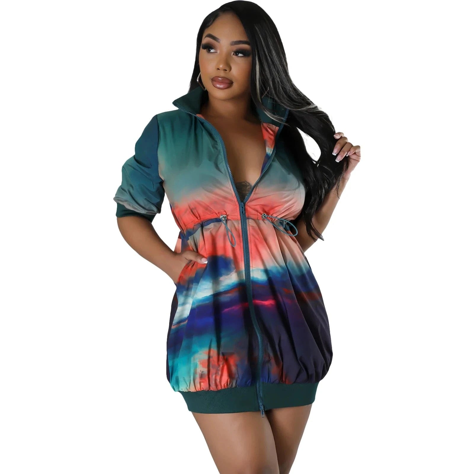 L28644 Women's Jacket Baseball Uniform Long Sleeve Stand Collar Gradient Printing Sweatshirt Dresses