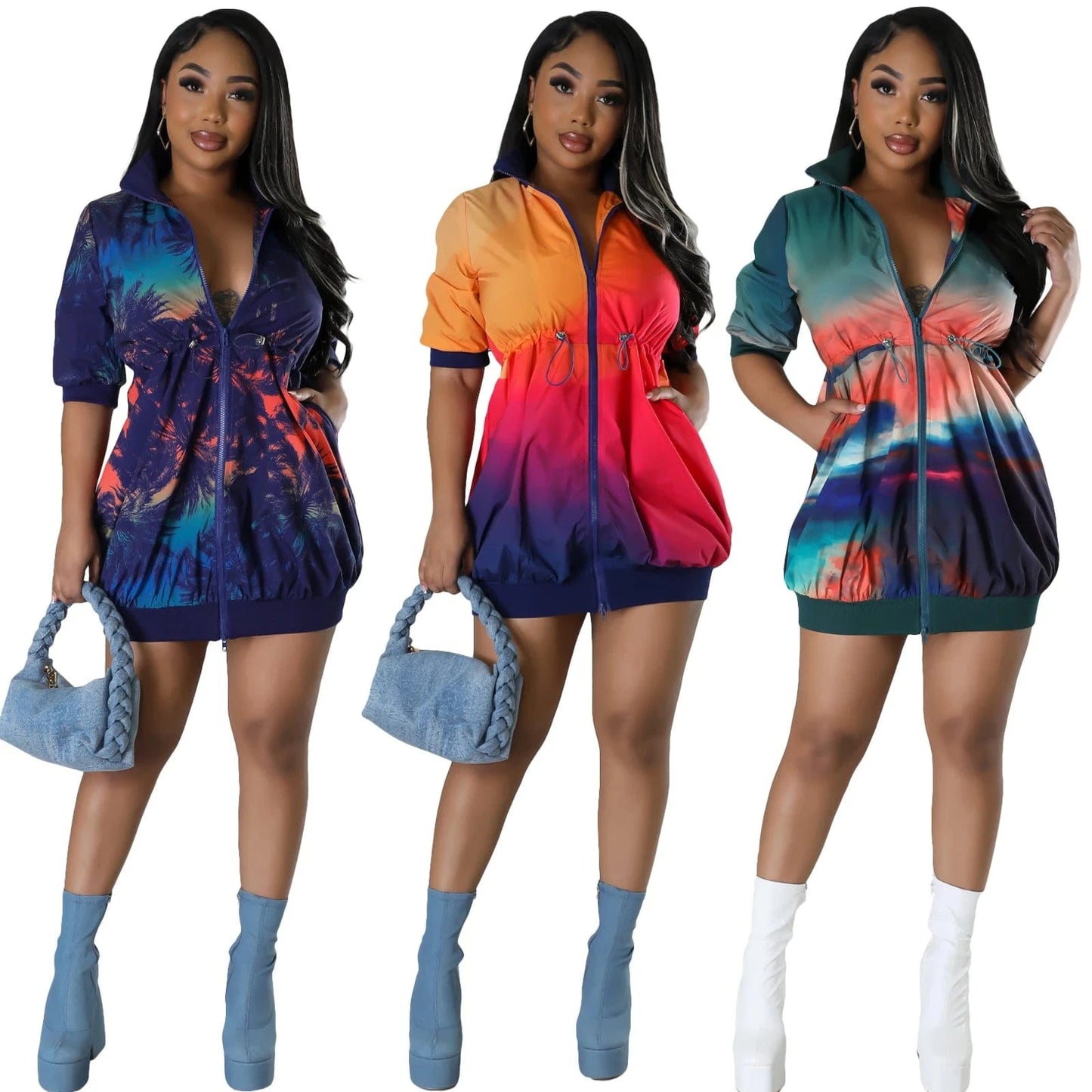L28644 Women's Jacket Baseball Uniform Long Sleeve Stand Collar Gradient Printing Sweatshirt Dresses