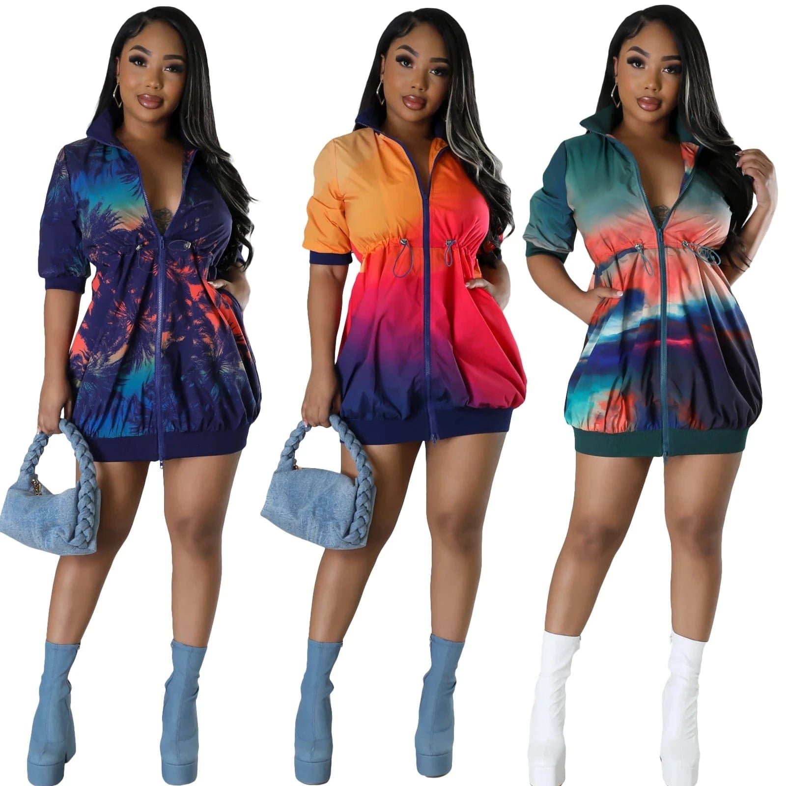 L28644 Women's Jacket Baseball Uniform Long Sleeve Stand Collar Gradient Printing Sweatshirt Dresses