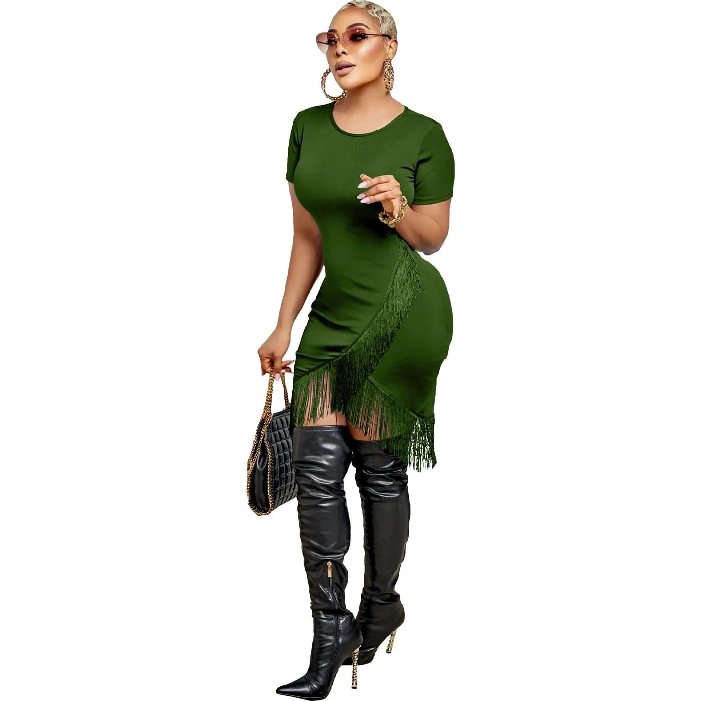 L28674 Felyn 2023 Solid Tassel O-neck Short Sleeve Elegant Mini Dress