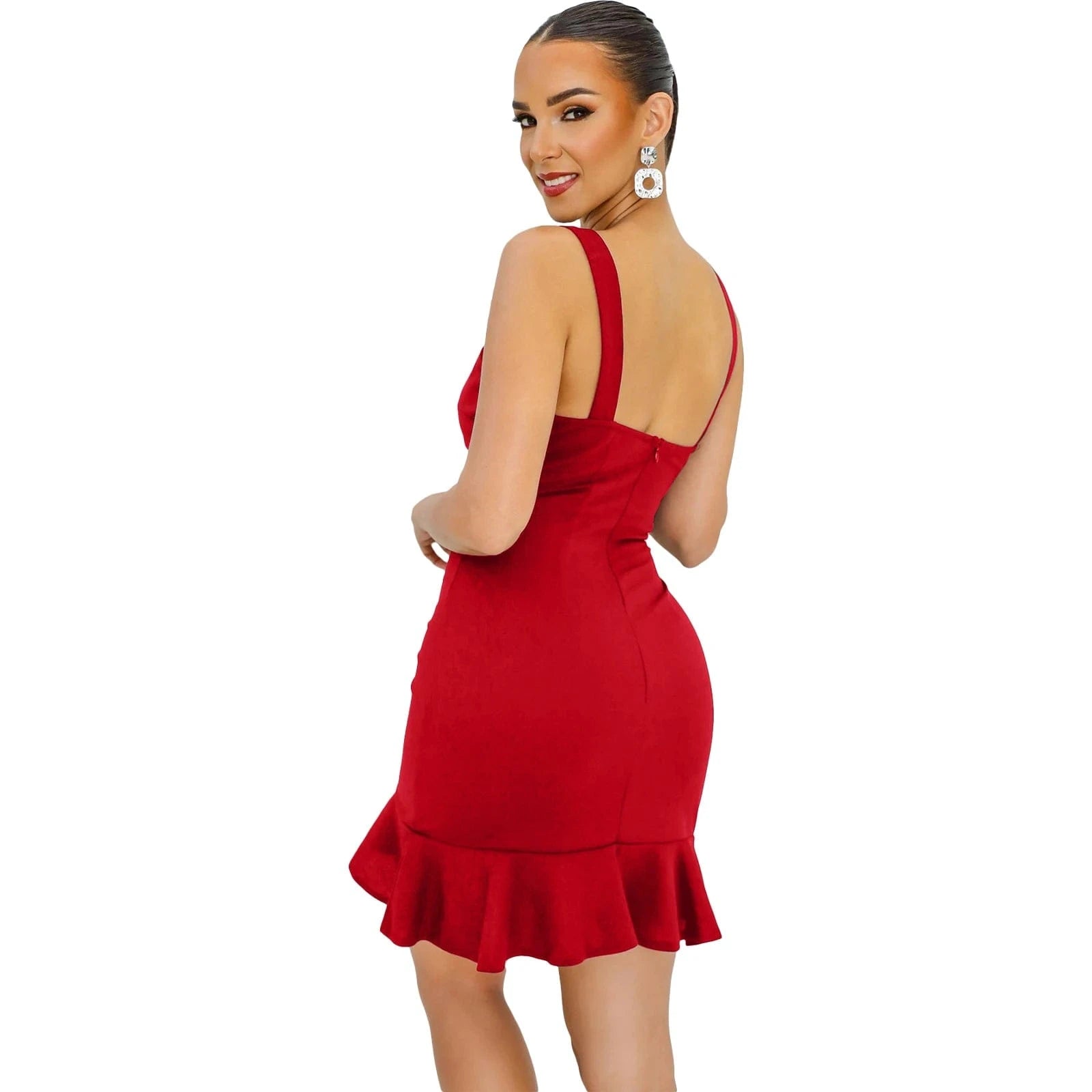 L28707 Fashion Solid Color Straps Ruffle Bodycon Dress