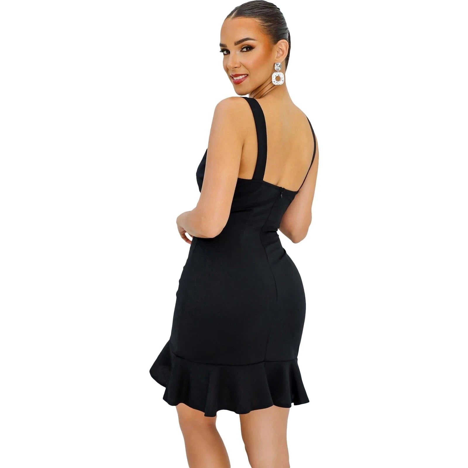 L28707 Fashion Solid Color Straps Ruffle Bodycon Dress