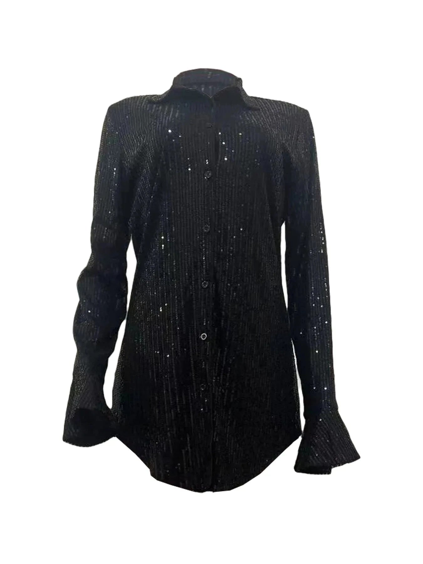 L28708 Women's Stretch Solid Sequin Loose Long Sleeve Micro Flare Shirt Dress