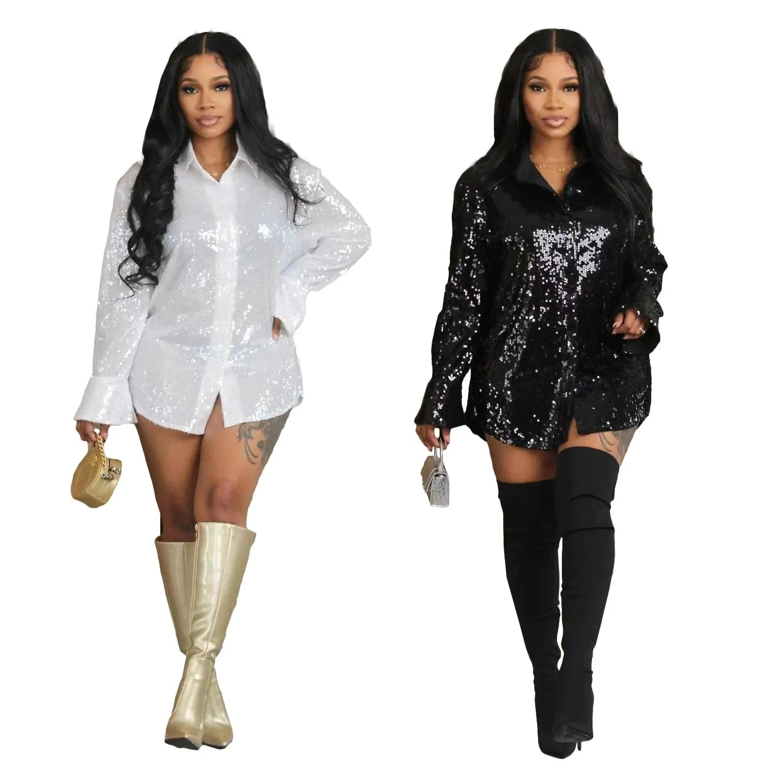 L28708 Women's Stretch Solid Sequin Loose Long Sleeve Micro Flare Shirt Dress