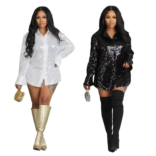 L28708 Women's Stretch Solid Sequin Loose Long Sleeve Micro Flare Shirt Dress