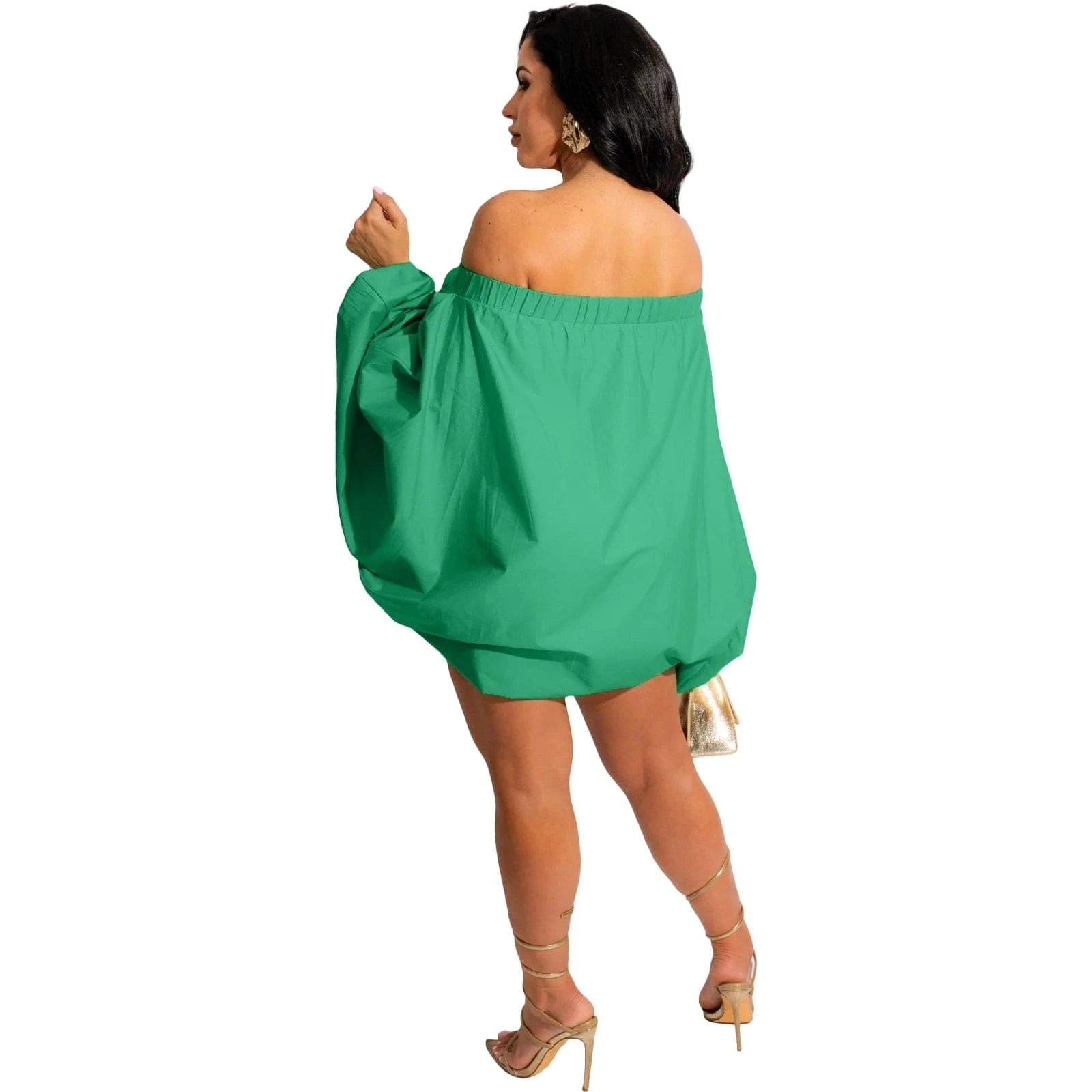 L28805 Stylish Solid Off-Shoulder Long Sleeve Mini Dress with a Flattering Lantern Skirt