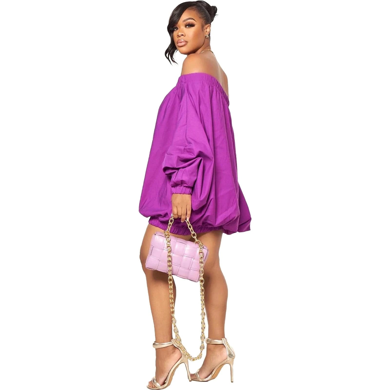 L28805 Stylish Solid Off-Shoulder Long Sleeve Mini Dress with a Flattering Lantern Skirt