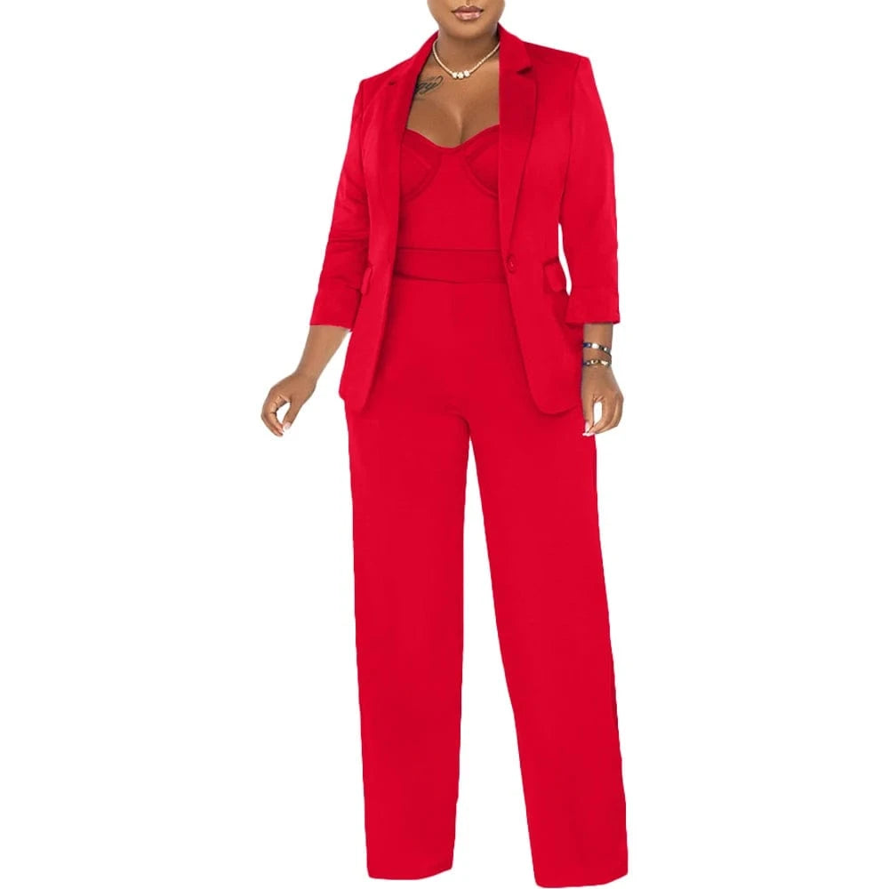 L2917 Solid Color Blazer & Wide Leg Jumpsuit Two Piece Set
