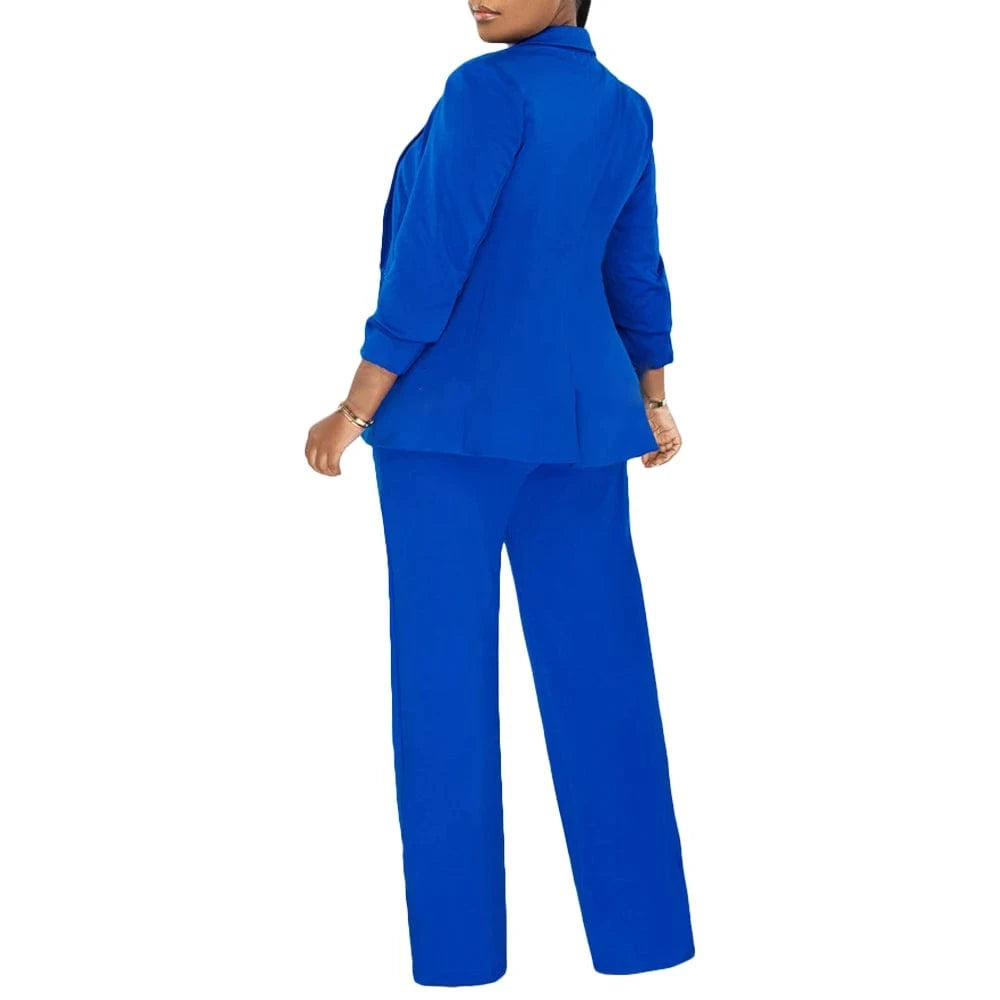 L2917 Solid Color Blazer & Wide Leg Jumpsuit Two Piece Set