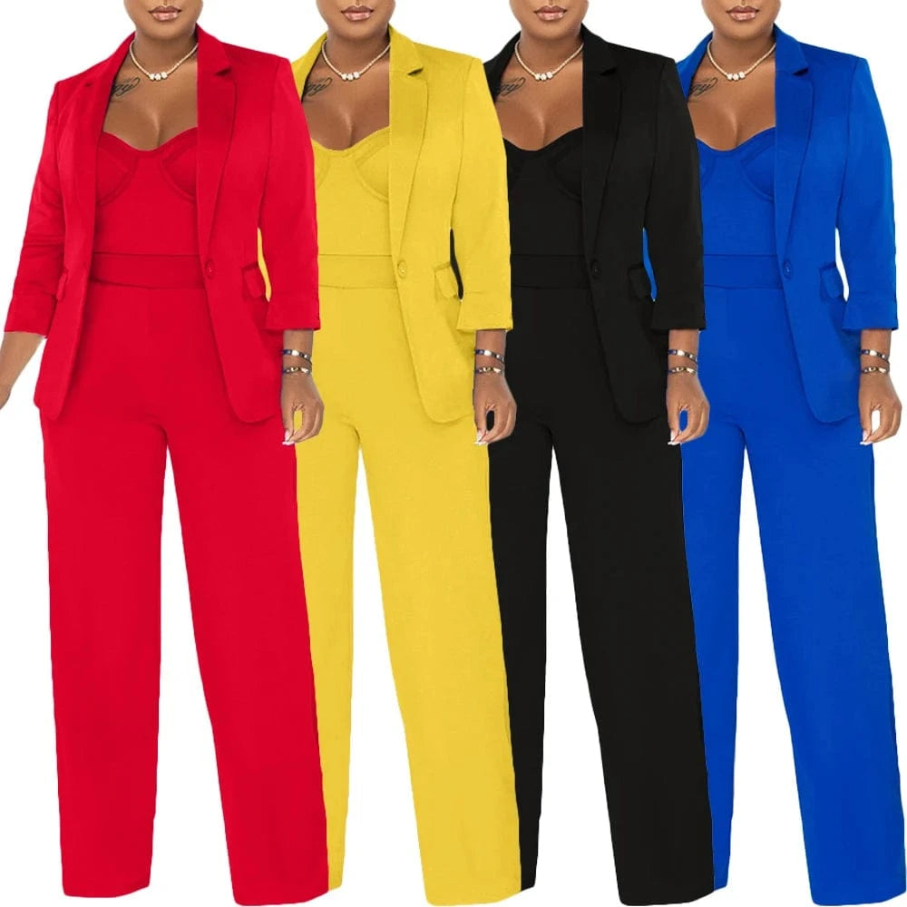 L2917 Solid Color Blazer & Wide Leg Jumpsuit Two Piece Set