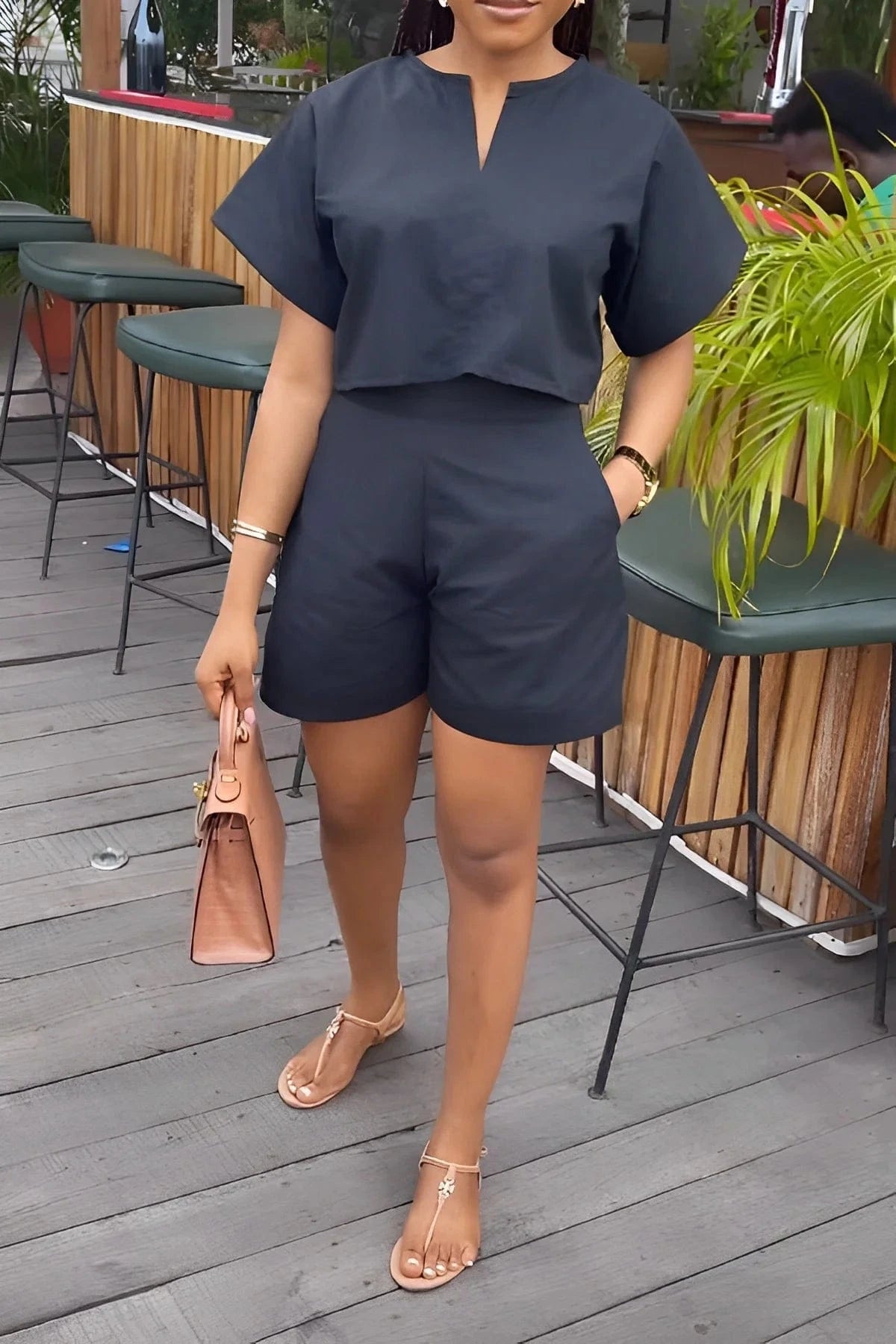 L2918 Summer Casual Solid Shirt Shorts Two Piece Set Women