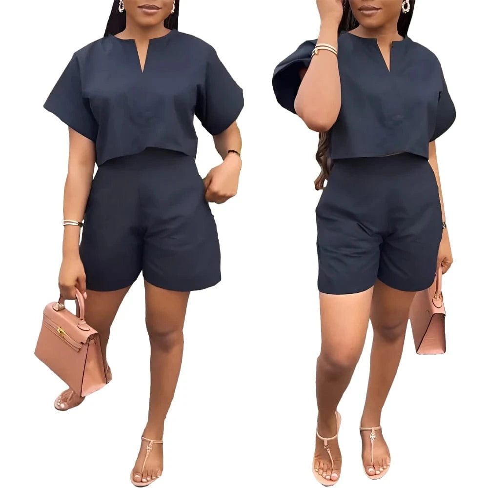 L2918 Summer Casual Solid Shirt Shorts Two Piece Set Women