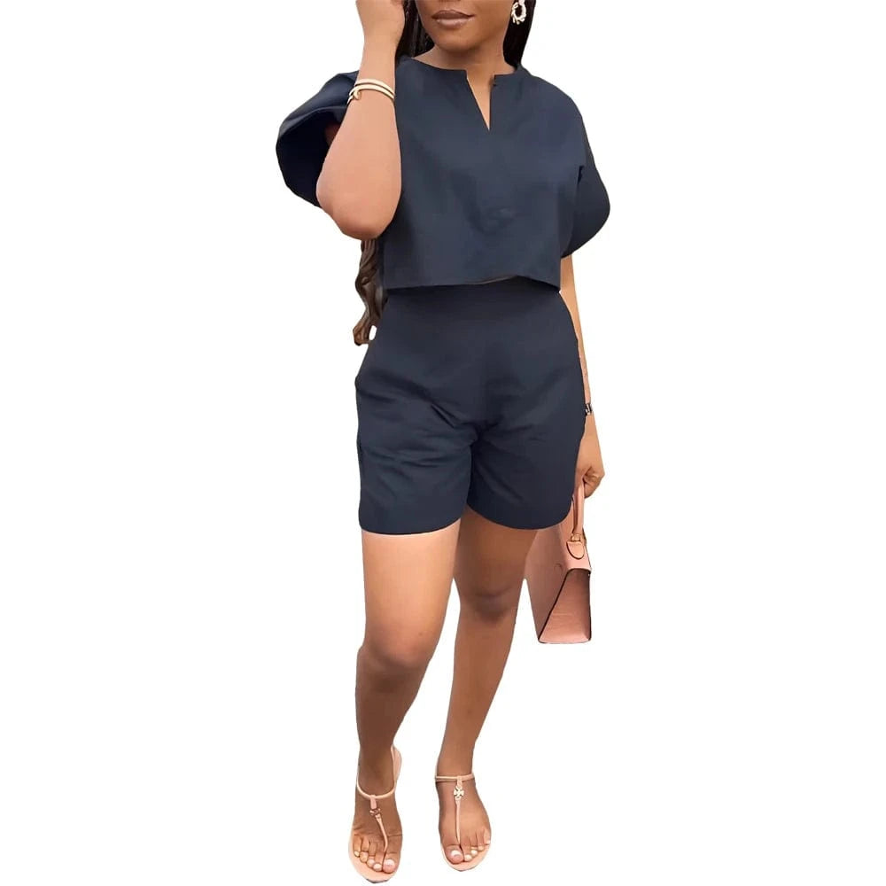 L2918 Summer Casual Solid Shirt Shorts Two Piece Set Women