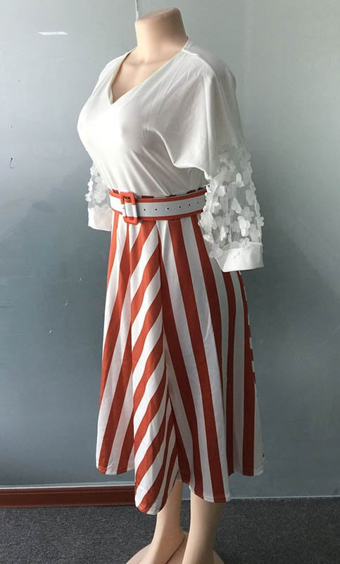 L36527  Elegant Design V Neck Petal Sleeve Stripe Stitching Plus Size Dress with Belt