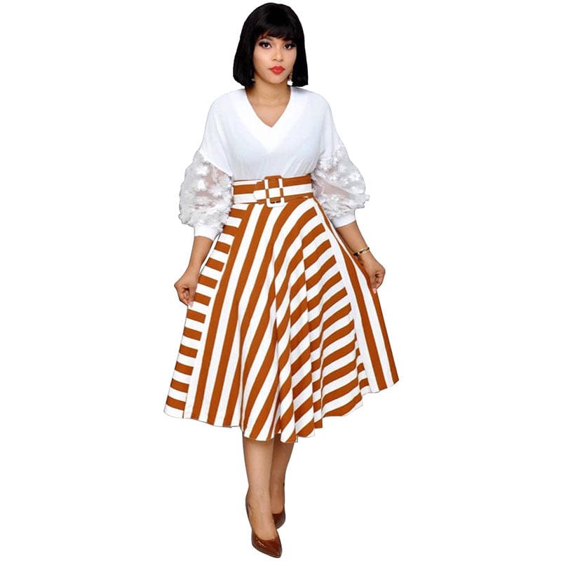 L36527  Elegant Design V Neck Petal Sleeve Stripe Stitching Plus Size Dress with Belt
