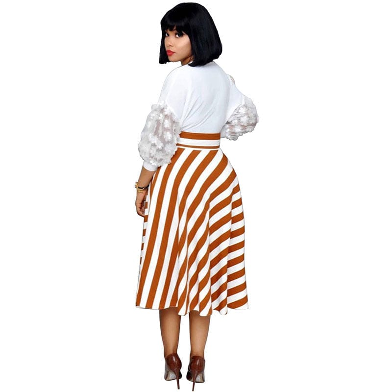 L36527  Elegant Design V Neck Petal Sleeve Stripe Stitching Plus Size Dress with Belt