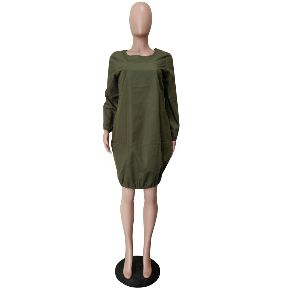L36636 Fashion Design Girl Solid Color Long Sleeve Midi Dress