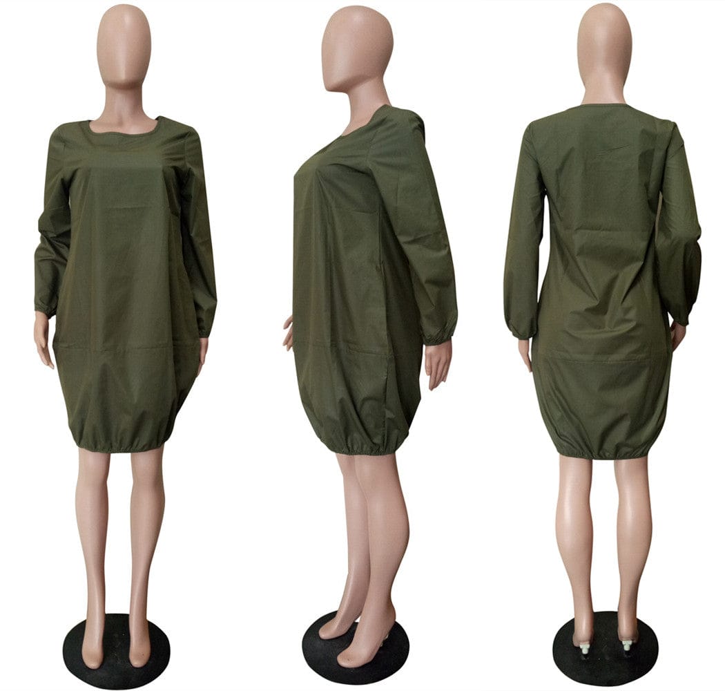 L36636 Fashion Design Girl Solid Color Long Sleeve Midi Dress