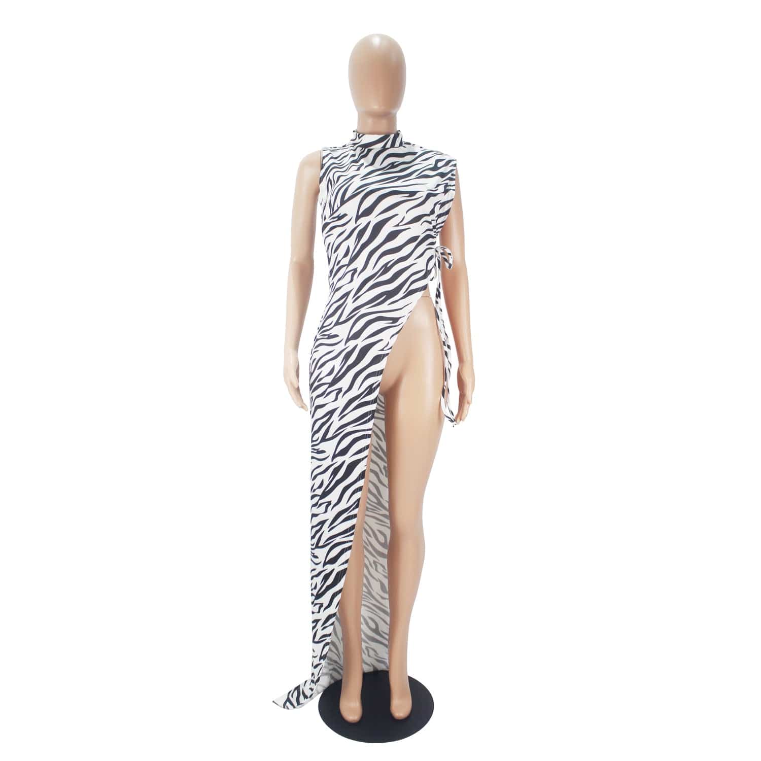 L51778 Fashion Zebra Print Sleeveless Tie Half Open Sexy Dress Womens Dresses