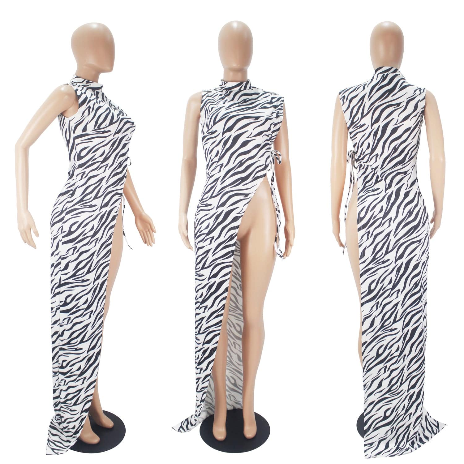 L51778 Fashion Zebra Print Sleeveless Tie Half Open Sexy Dress Womens Dresses
