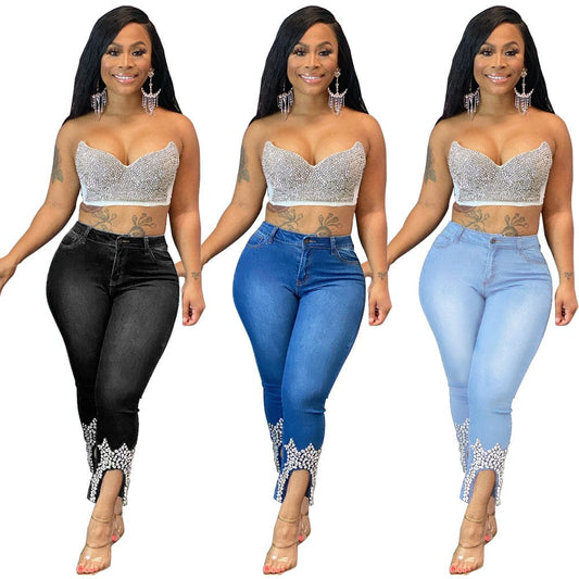 L99471 Wholesalers New design Fashion Denim Women's Beaded Jeans