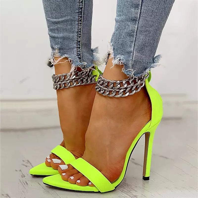 Label size EU 35 = US 4 / 4.5 / Shining Green 2022 summer large size high heel sandals female new stiletto leopard foot ring chain foreign trade women's shoes high heels