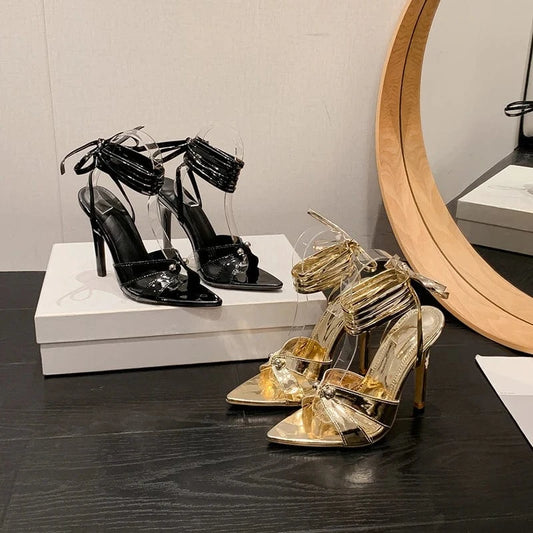 Lace up Gold New Designer Shoes Women Sandals 2024 Party Stiletto Heels for Ladies
