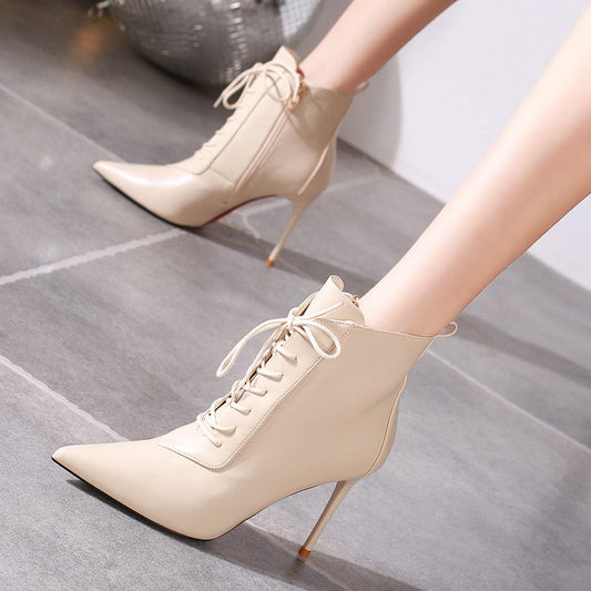 Lace-up high-heeled short boots women's autumn and winter plus velvet soft leather stiletto black pointed stiletto boots