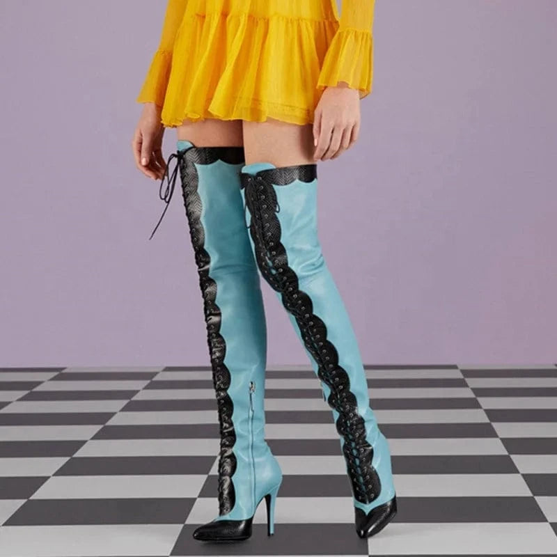 Lace up Patchwork Thigh High Boots Women's Stiletto Over-knee Long Booties Snake Prints Thin Heels Wide Leg Fit Size 45