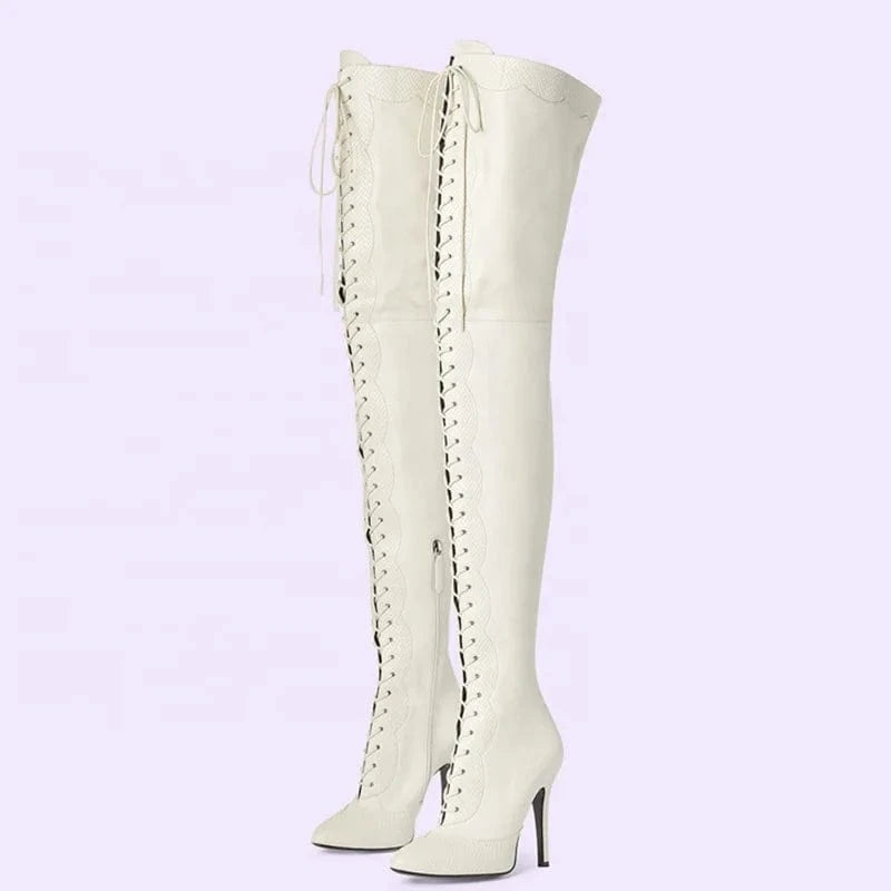 Lace up Patchwork Thigh High Boots Women's Stiletto Over-knee Long Booties Snake Prints Thin Heels Wide Leg Fit Size 45