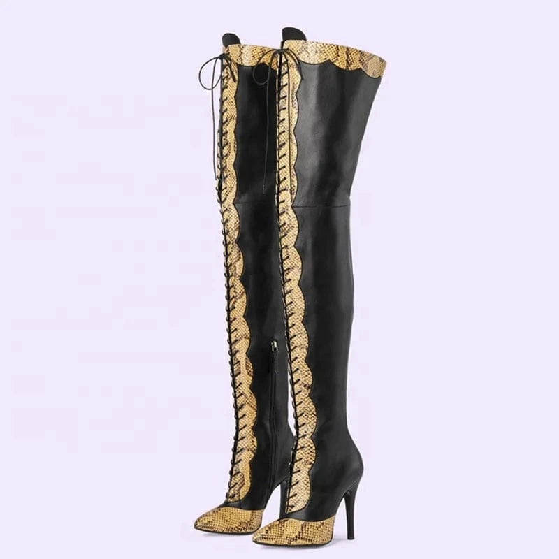 Lace up Patchwork Thigh High Boots Women's Stiletto Over-knee Long Booties Snake Prints Thin Heels Wide Leg Fit Size 45