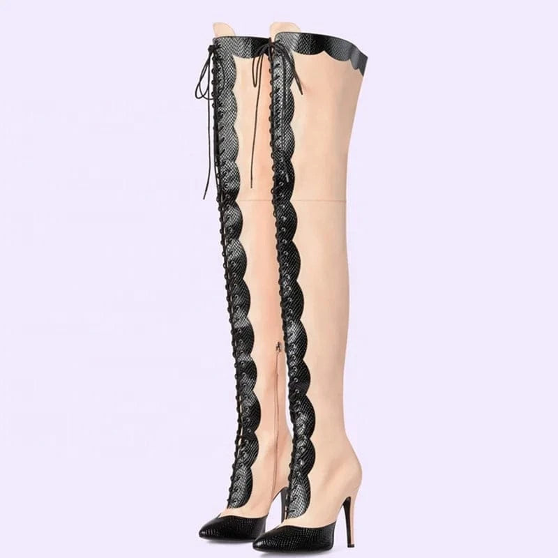 Lace up Patchwork Thigh High Boots Women's Stiletto Over-knee Long Booties Snake Prints Thin Heels Wide Leg Fit Size 45