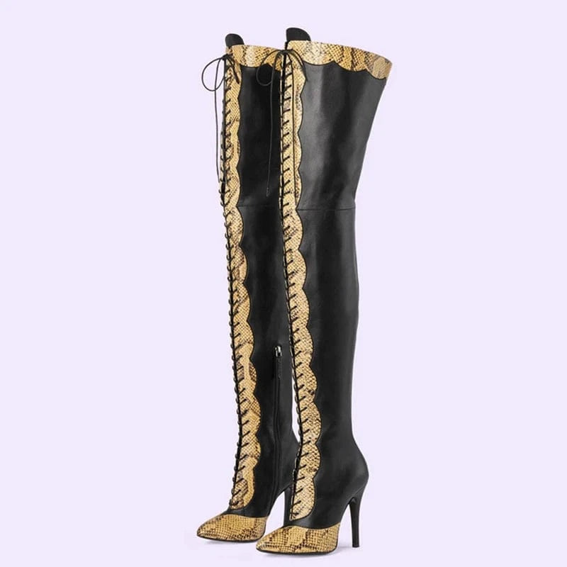 Lace up Patchwork Thigh High Boots Women's Stiletto Over-knee Long Booties Snake Prints Thin Heels Wide Leg Fit Size 45
