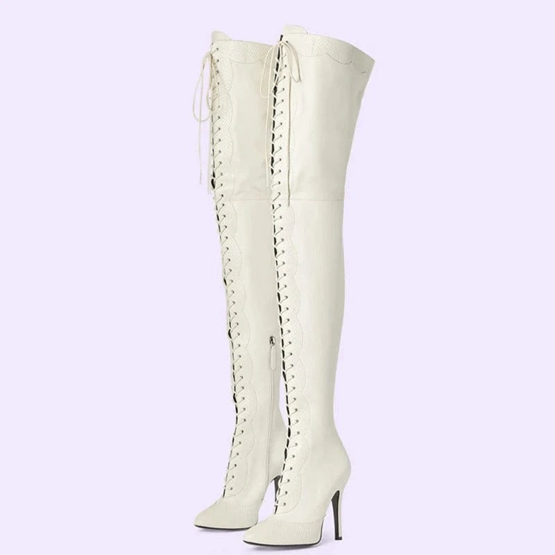 Lace up Patchwork Thigh High Boots Women's Stiletto Over-knee Long Booties Snake Prints Thin Heels Wide Leg Fit Size 45