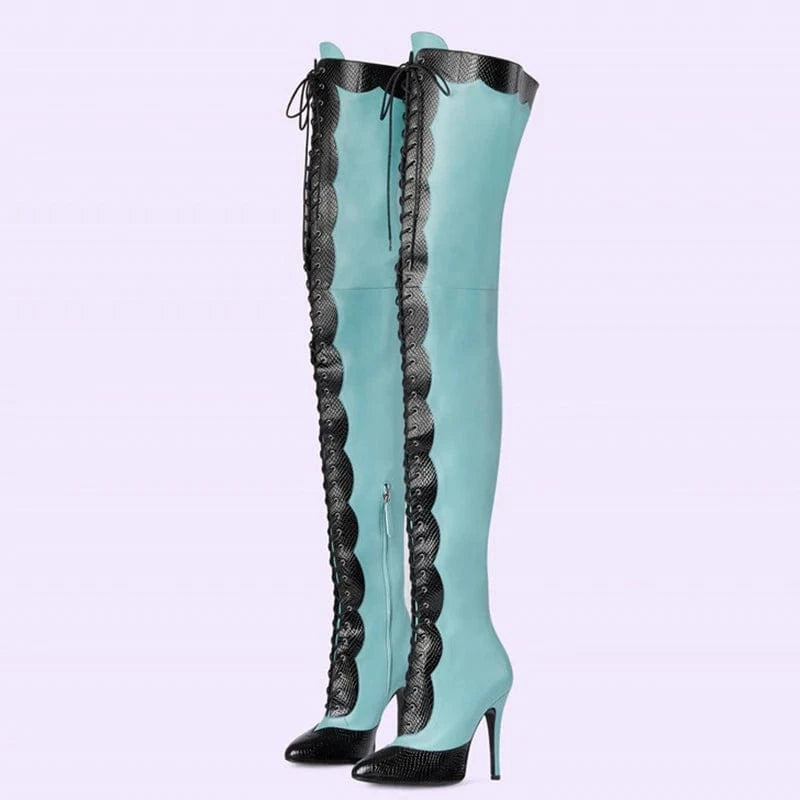 Lace up Patchwork Thigh High Boots Women's Stiletto Over-knee Long Booties Snake Prints Thin Heels Wide Leg Fit Size 45