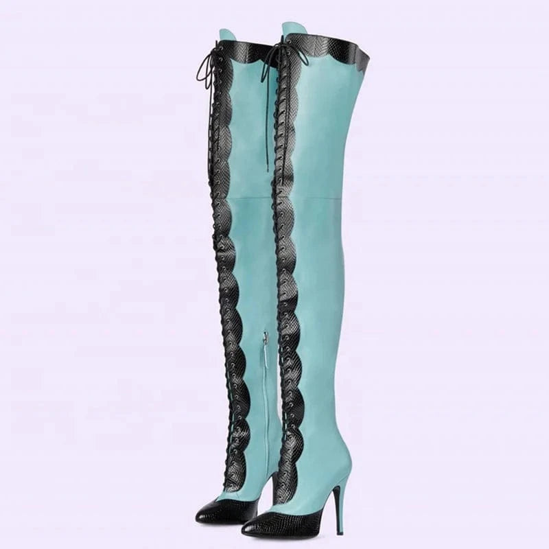 Lace up Patchwork Thigh High Boots Women's Stiletto Over-knee Long Booties Snake Prints Thin Heels Wide Leg Fit Size 45