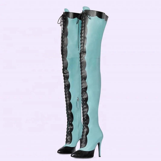 Lace up Patchwork Thigh High Boots Women's Stiletto Over-knee Long Booties Snake Prints Thin Heels Wide Leg Fit Size 45