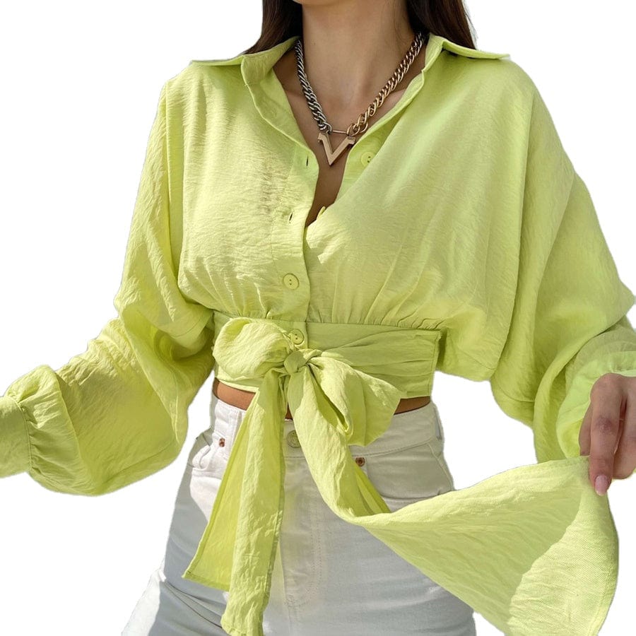 Lace-up Women Short Shirt Turn-down Collar Slim Fashion Long Sleeve Single Breasted Ladies Crop Blouse 2023 Spring Solid Shirts