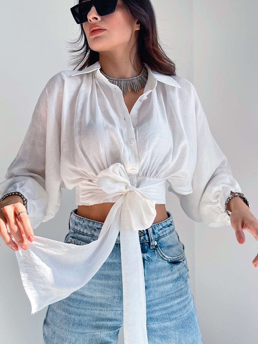 Lace-up Women Short Shirt Turn-down Collar Slim Fashion Long Sleeve Single Breasted Ladies Crop Blouse 2023 Spring Solid Shirts