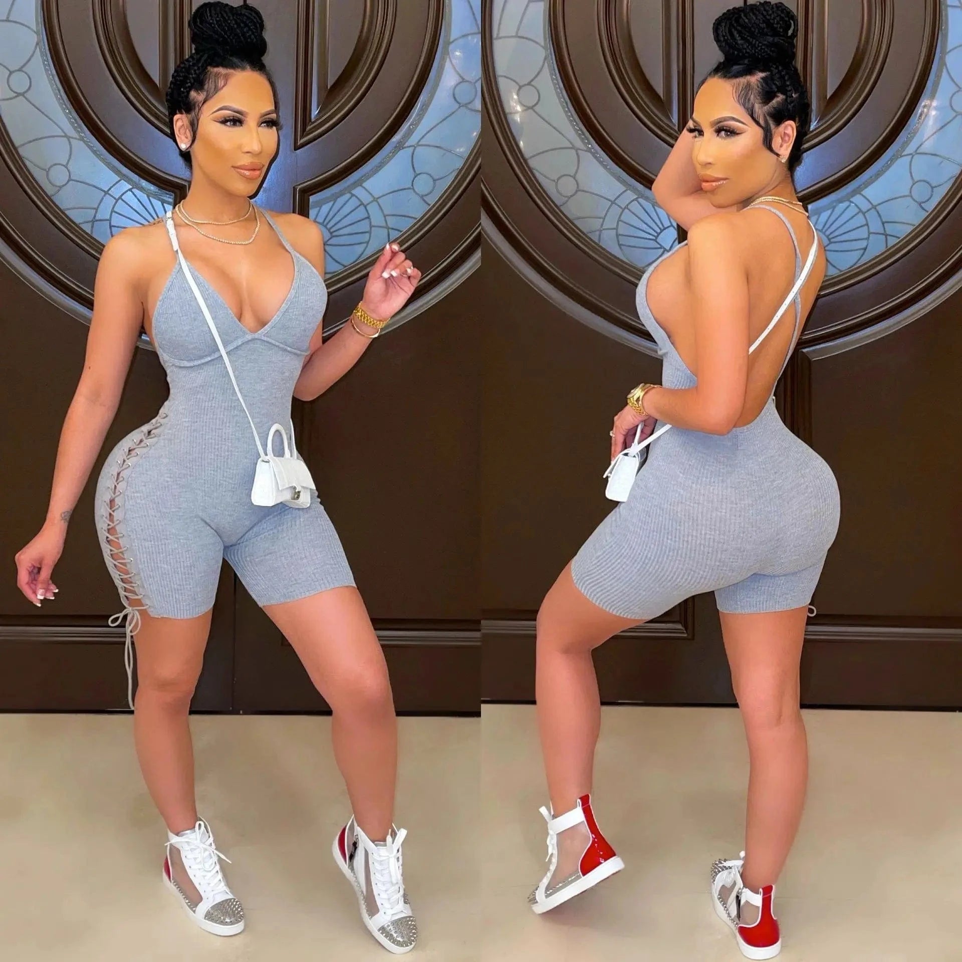 Laced Backless Romper Jumpsuit Shorts Ladies Workout Jumpsuits and Bodysuit Ribbed Halter One Piece Romper Short Jumpsuit