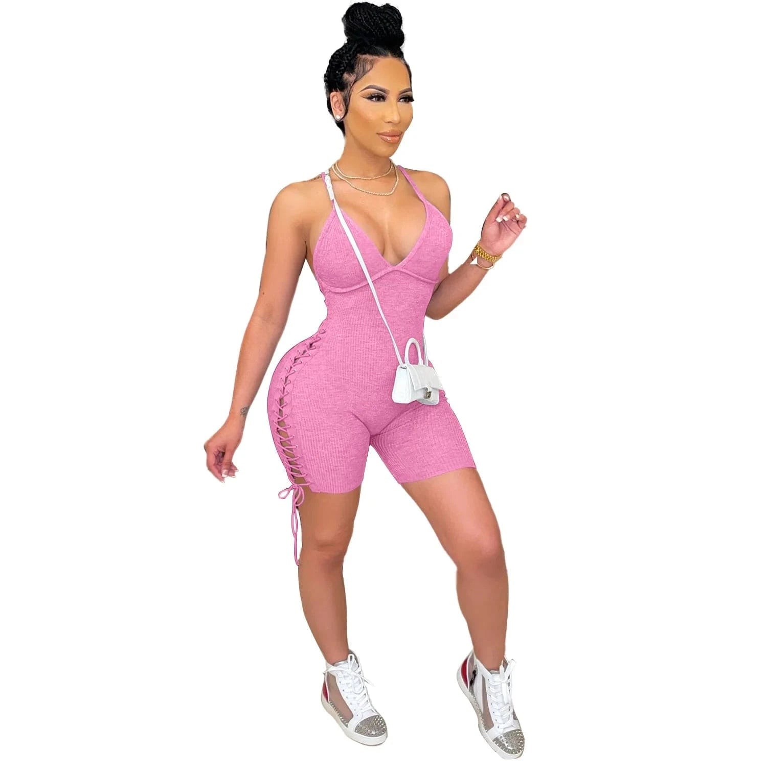 Laced Backless Romper Jumpsuit Shorts Ladies Workout Jumpsuits and Bodysuit Ribbed Halter One Piece Romper Short Jumpsuit