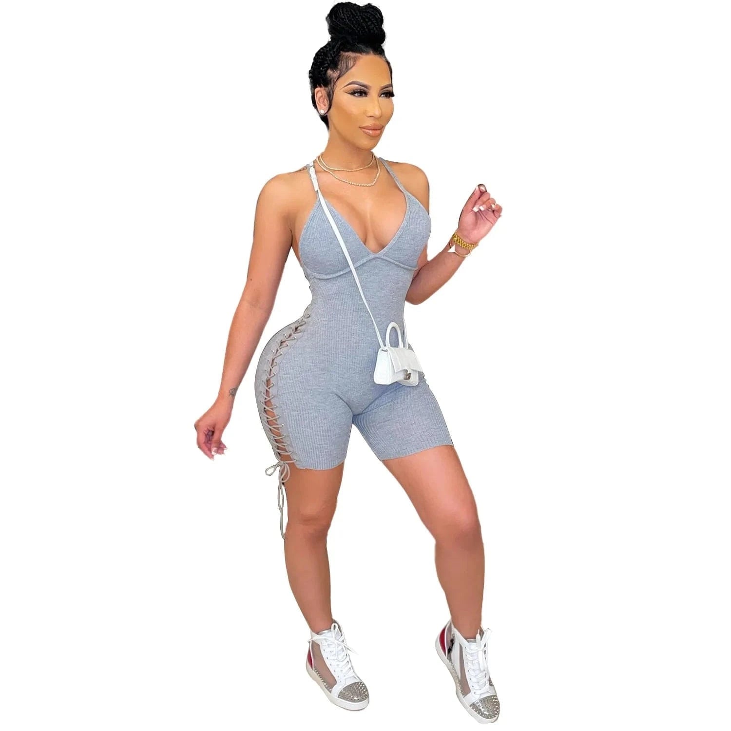 Laced Backless Romper Jumpsuit Shorts Ladies Workout Jumpsuits and Bodysuit Ribbed Halter One Piece Romper Short Jumpsuit